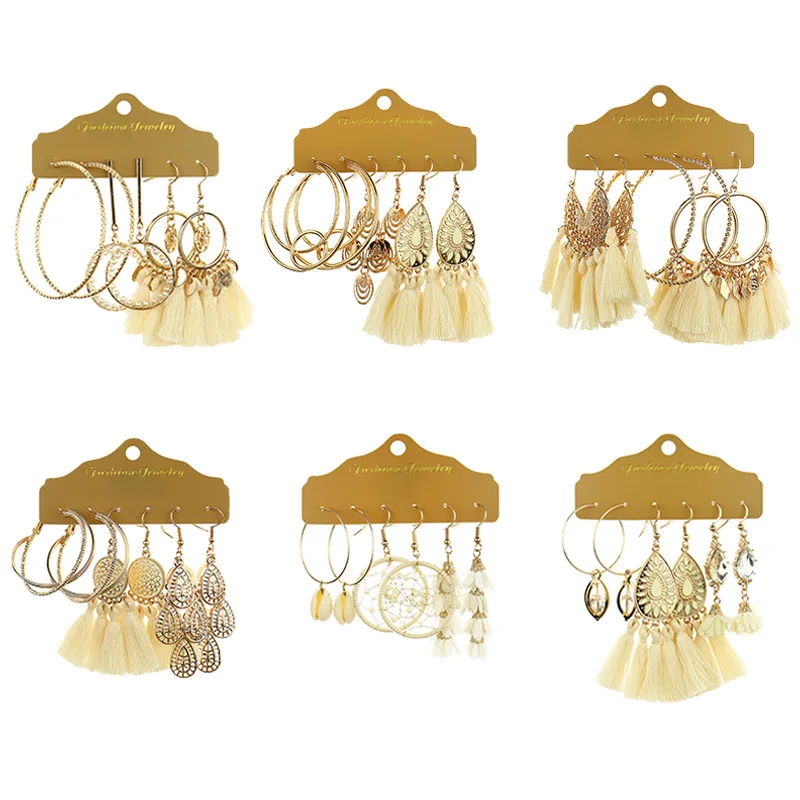 

Gold Simple Flower Earrings Beige White Tassel Earrings Set For Women Bride Bohemian Style Wedding Jewelry Accessories