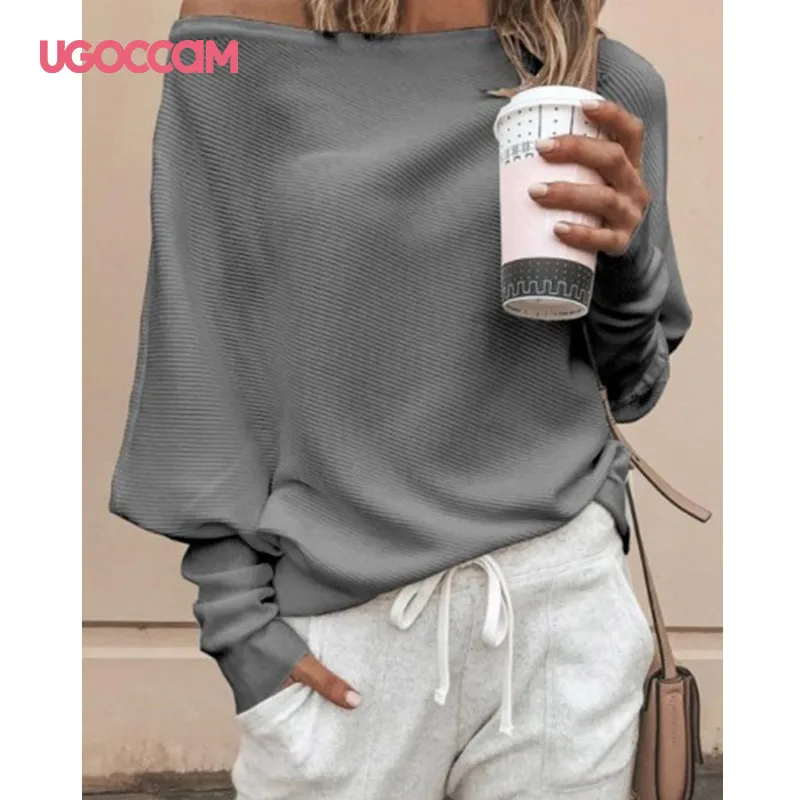 UGOCCAM женская блузка с длинным рукавом и круглым вырезом размера плюс серая