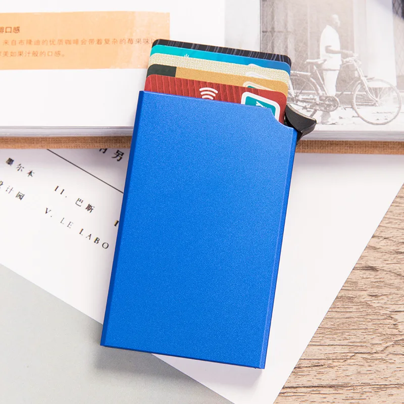 Weduoduo RFID Противоугонный держатель для карт тонкий ID кредитный держатель для карт унисекс автоматически твердый металлический кошелёк для банковских карт бизнес мини - Цвет: Blue