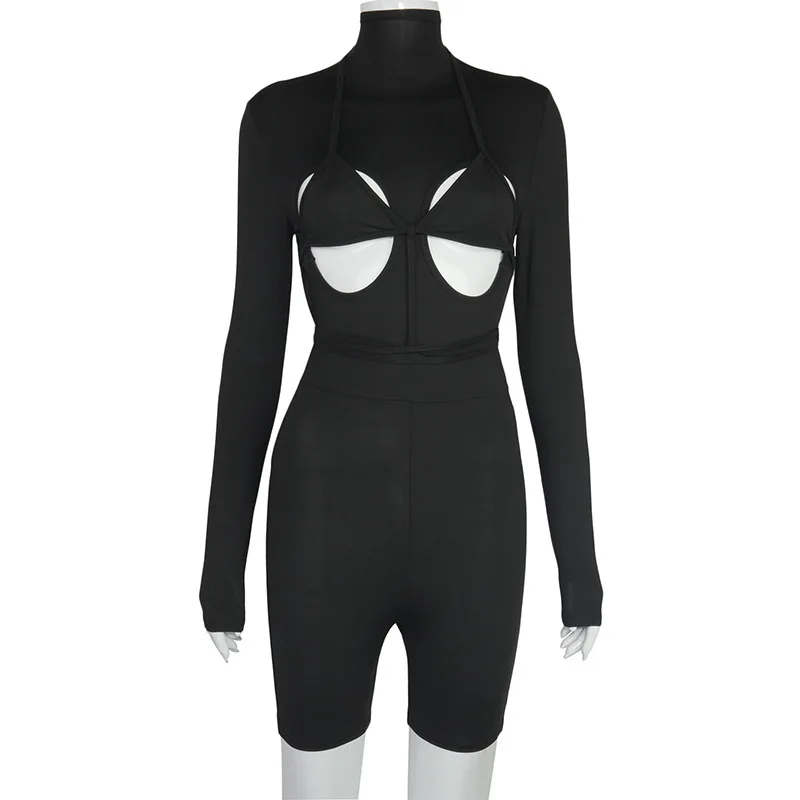 

Fashion Sexy Women Long Sleeve O Neck Chest Hollow Out Rompers Slim Femmel Bodysuit Party Club Streetwear 2021