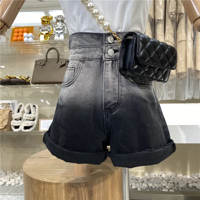 

Niche Design Popular Buckle Gradual Change In High Waist Belly Denim Shorts Summer New Versatile Loose Curling Wide Leg Pants