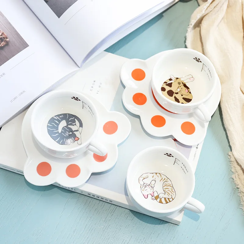 Популярные керамические кофейные чашки с кошачьими когтями и блюдцами милая
