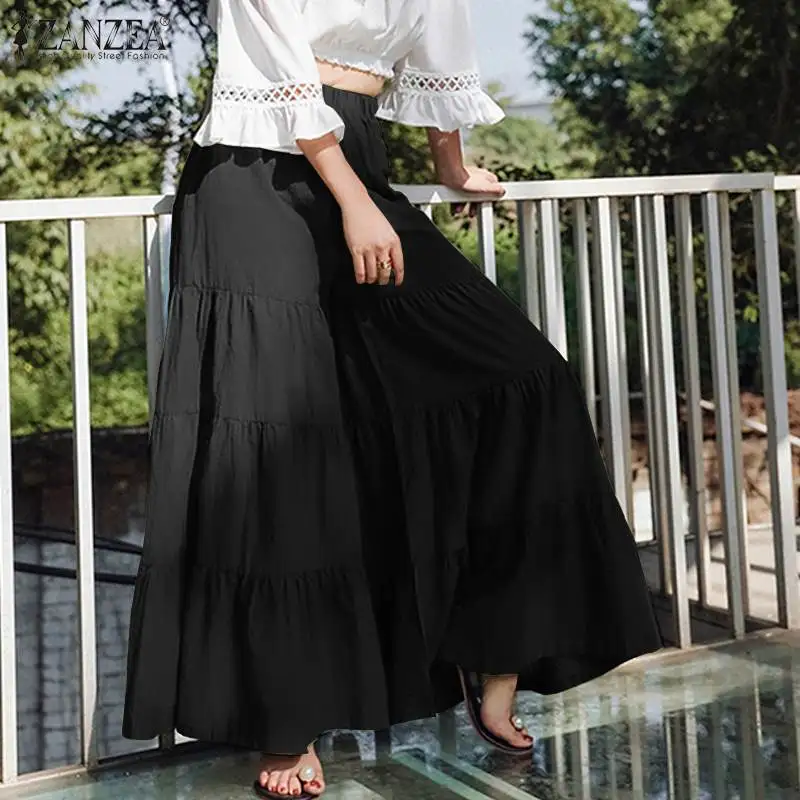 ZANZEA 2021 Ruffle Trousers Fashion Women's Wide Leg Pants Elastic Waist Pantalon Palazzo Female Oversized Solid Casual Turnip | Женская