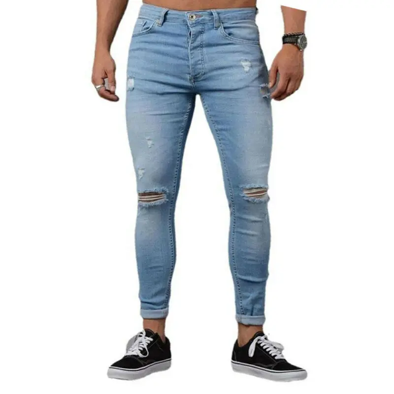 

Джинсы-Карандаш мужские зауженные, повседневные брюки из денима, Стрейчевые модные рваные джинсы с карманами, лето 2021