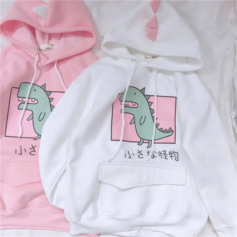 

Cartoon Dinosaur Printed Sweatshirt Women Japanese FleeceThick Hoodies Women Sweet kawaii Dinosaur Print Girl Sweatshirt