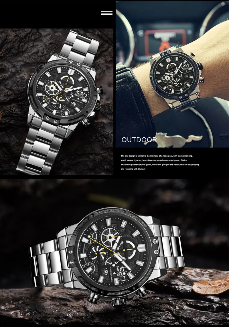 Часы MEGIR Мужские Наручные с хронографом брендовые Роскошные спортивные