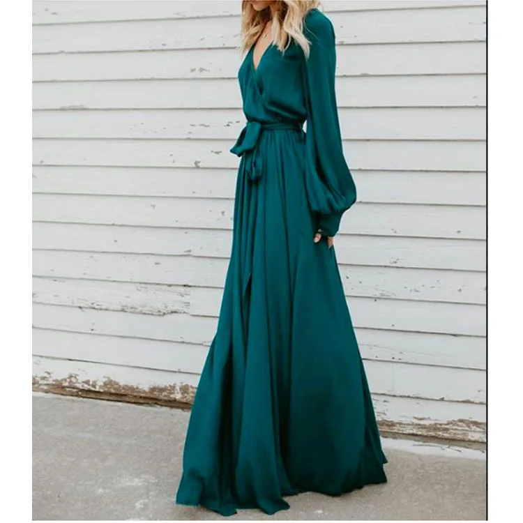 Женское платье с длинным рукавом Boho повседневное пляжное треугольным вырезом