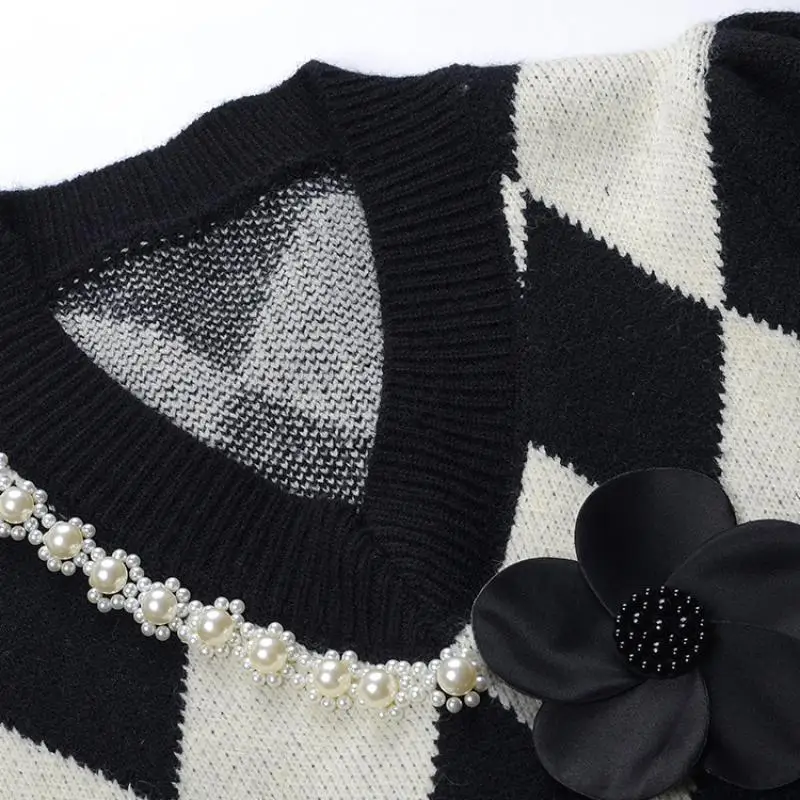 Короткий женский пуловер в стиле ретро с пышными рукавами ромбовидный жемчужный
