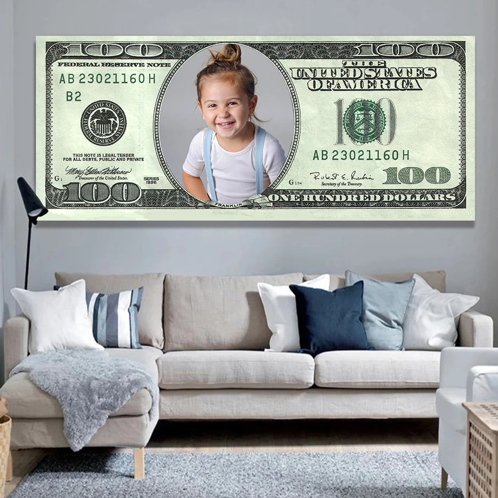 

Custom Photo Prints on USA Dollars Poster Canvas Wall Art Picture 100 Dollars Print Painting Amazing Gift Room Decorations