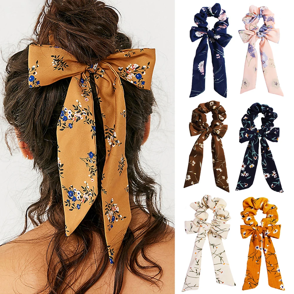 

Women Hair Scrunchie Bows Ponytail Holder Bohemian Floral Print Hairband Bow Knot Scrunchy Girls Hair Ties Hair Accessories