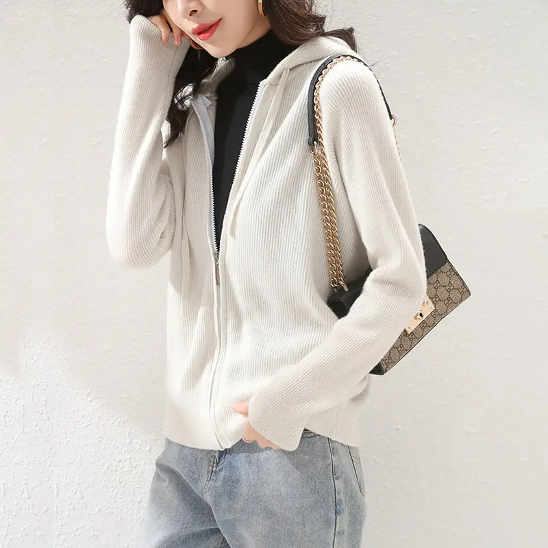 

Pure wool 2021 spring women's new hooded Korean casual top loose knit coat Hooded Sweater