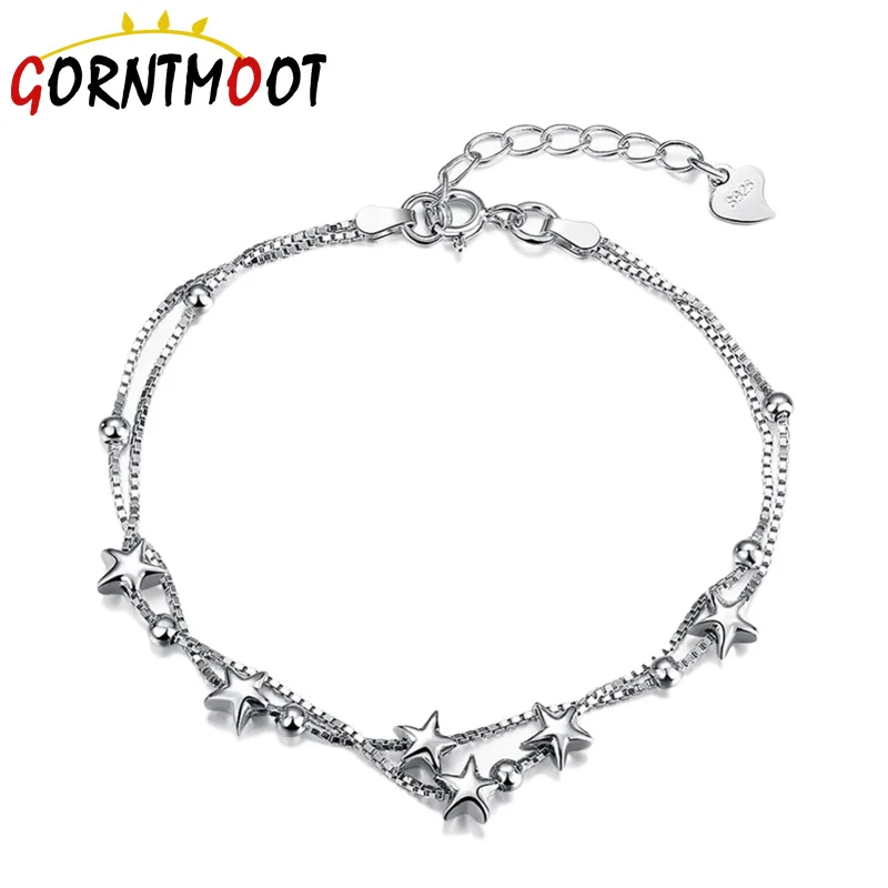 Браслет женский из серебра 925 пробы с двухслойными бусинами-звездами | Украшения