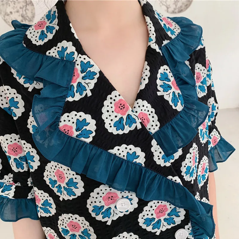 

LANMREM 2021 New Summer Floral Ruffle A-line V-neck Dress High Waist Patchwork Dresses Temperament Loose Fashion Tide 2H180