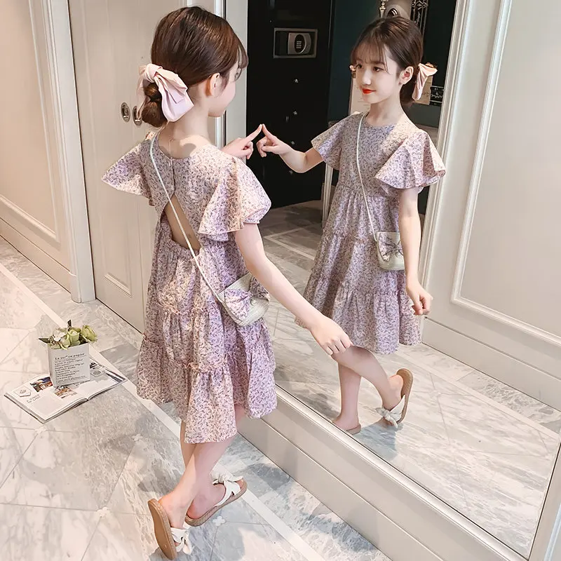 

5 To 14 Years Kids And Teen Girls Floral Princess Dress With Free Bow Small Bag 2021 Summer New Children Cotton Casual Clothing