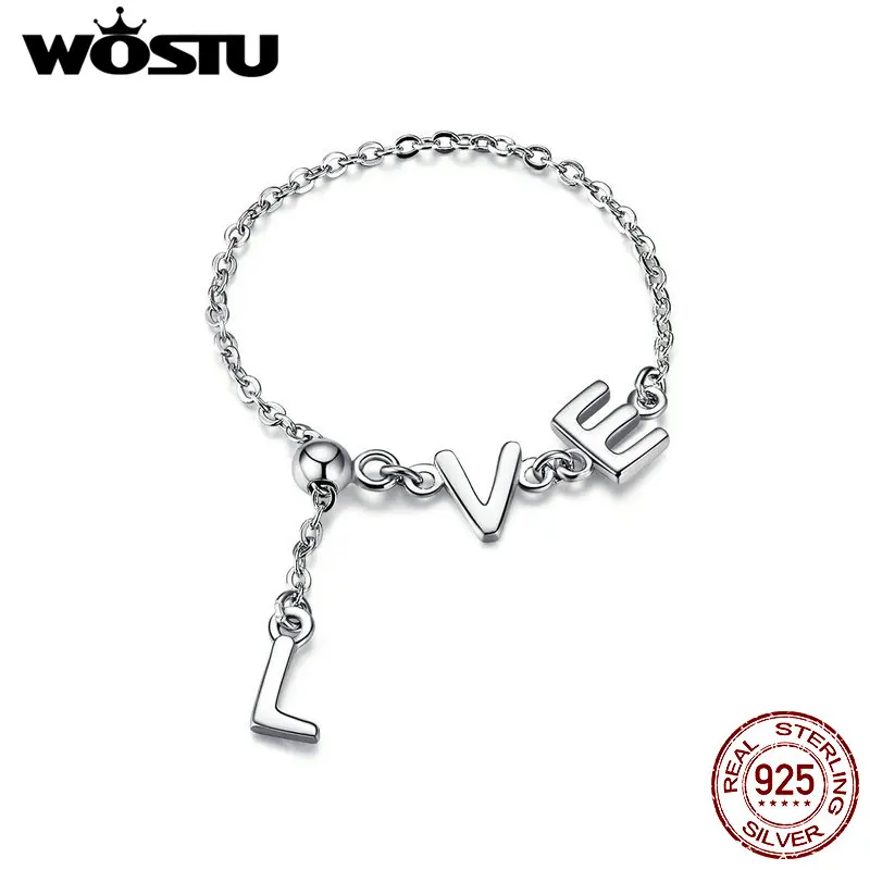 WOSTU, 925 пробы, серебряные, сверкающие, любовные буквы, регулируемые кольца, звенья цепи, палец для женщин, свадьба, любовь, подарок, ювелирные изделия CQR499