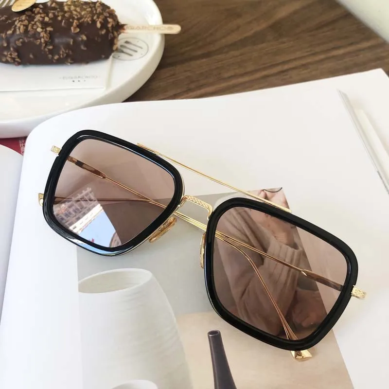 gold Light coffee Мстители Tony Stark мужские солнцезащитные очки Брендовые дизайнерские Роскошные мужские модные высокое качество для знаменитостей Железный человек 3 очки для просмотра фильмов - Цвет линз: gold Light coffee