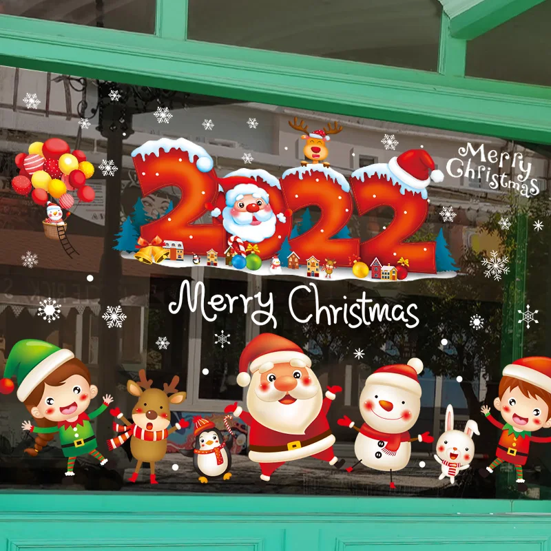 

2022 Chirstmas Glass Stickers DIY Santa Claus Snowman Deer Wall Decals for Living Room Window New Year Winter Home Decoration