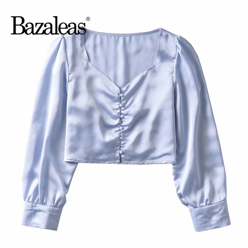 

Винтажная блузка Bazaleas с длинным рукавом, шикарная Женская Модная шелковая блузка, женская синяя Укороченная рубашка в стиле Харадзюку