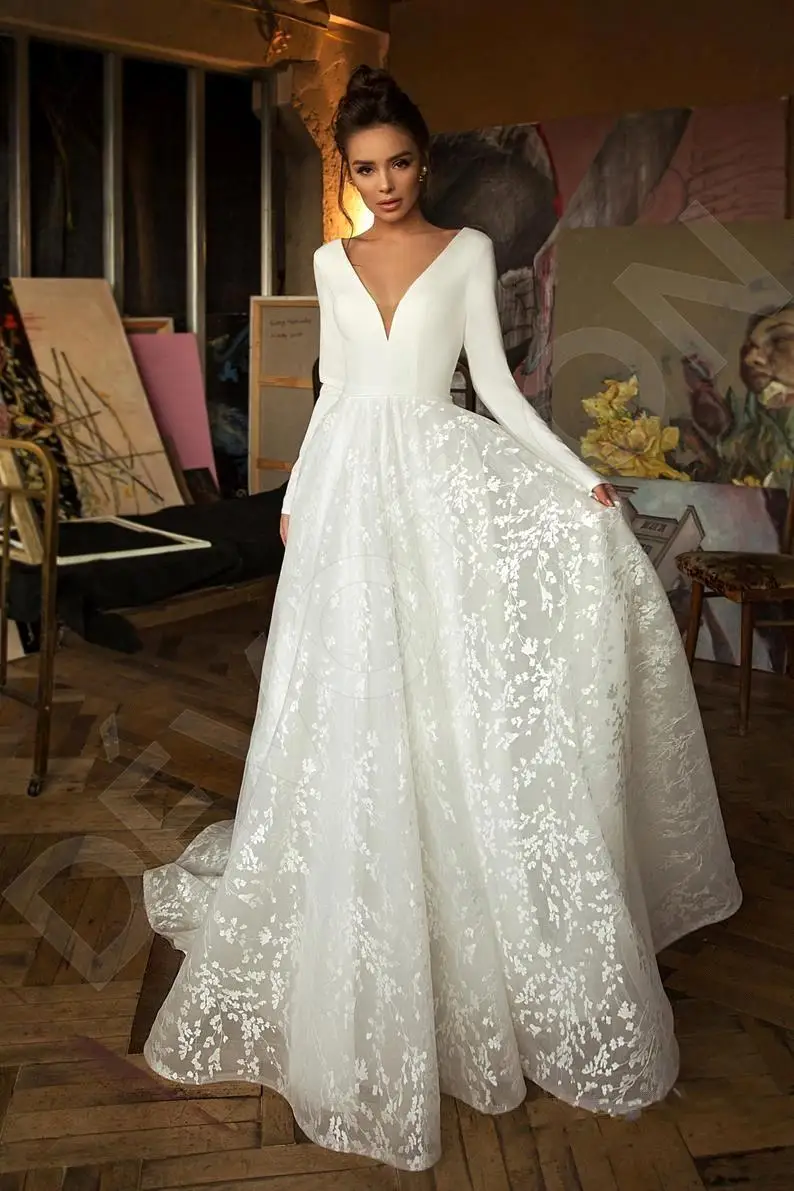 Robe de mariee винтажное кружевное атласное свадебное платье с длинным рукавом сексуальное платье с глубоким v-образным вырезом платье для невесты без спинки для свадьбы