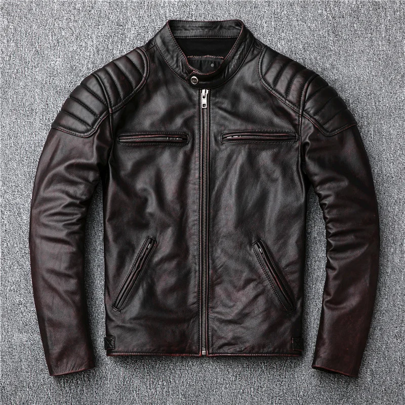 

Factory cowhide jacket genuine leather coat cow real motorcycle outwear spring autumn outer garment suit brown