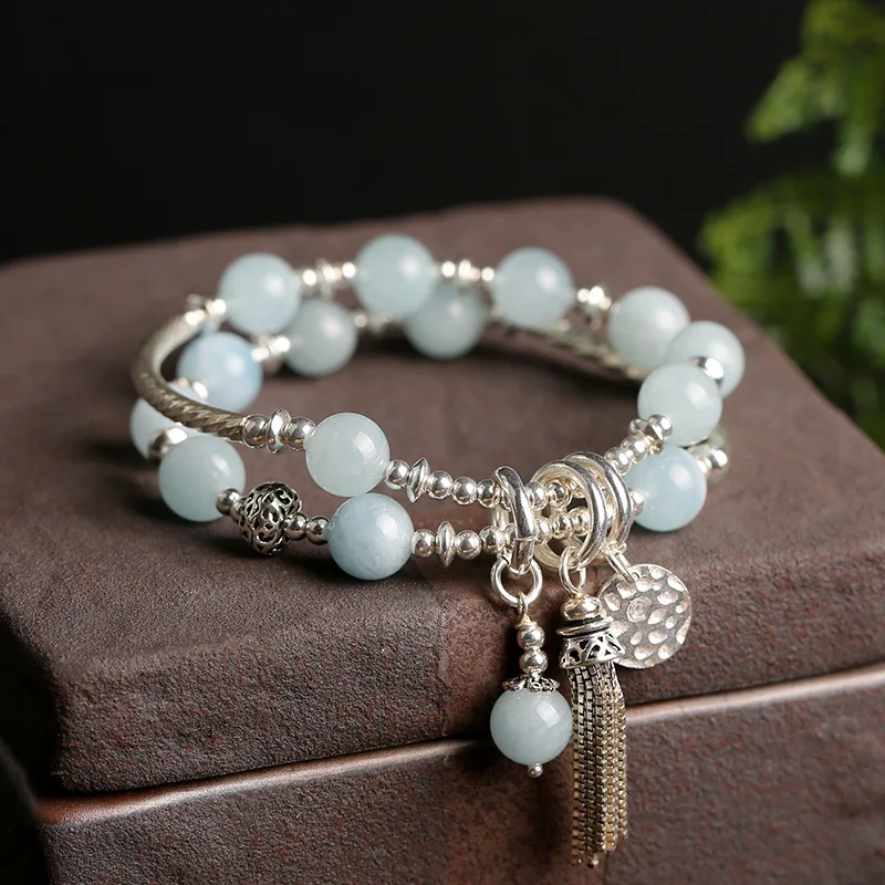 

OMHXZJ Wholesale CS16 Fashion Woman Girl Party Birthday Gift Natural Aquamarine Beads Tassel 100% 925 Sterling Silver Bracelet