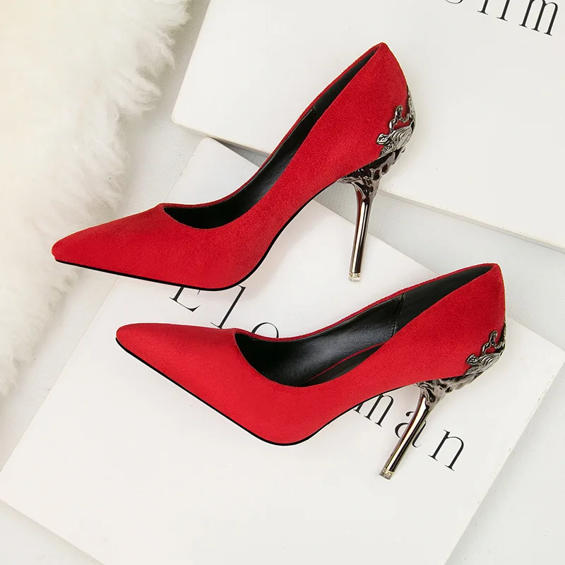 

women pumps Flock Slip On 10CM Thin Heels High heels Pointed Toe Metal decoration Shallow mujer bombas women shoes size 35-42