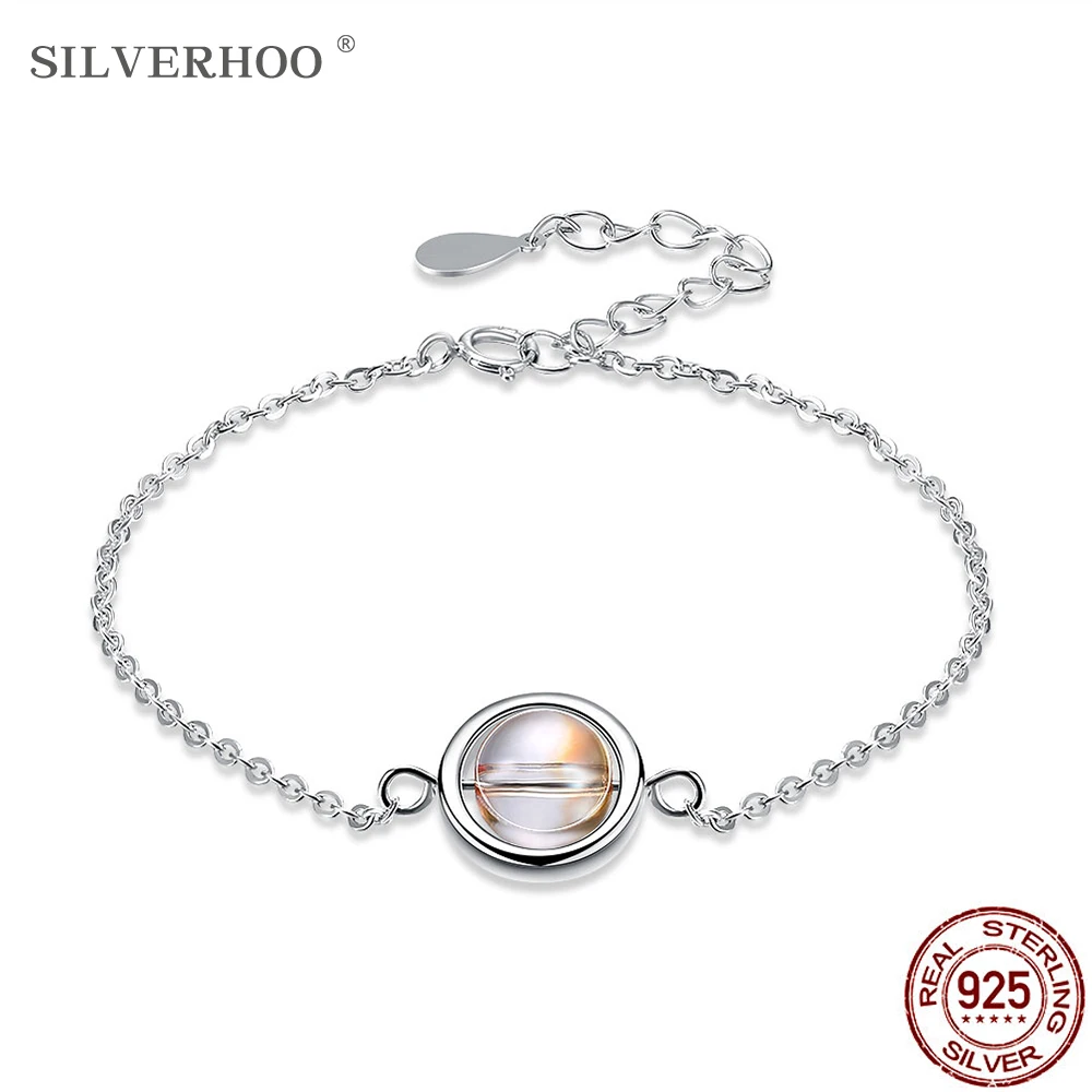 

SILVERHOO Real 925 Sterling Silver Women's Bracelet Rotatable Ball Orange Austria Crystal Charm Bracelets Trendy Silver Jewelry