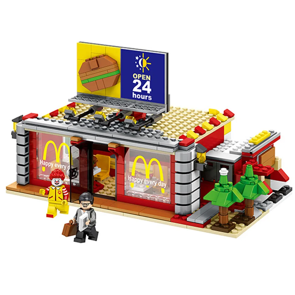 

LED MacRestaurant Compatible lepining Creator Street View Model Building Blocks Boys Birthday Gift Toys For Children