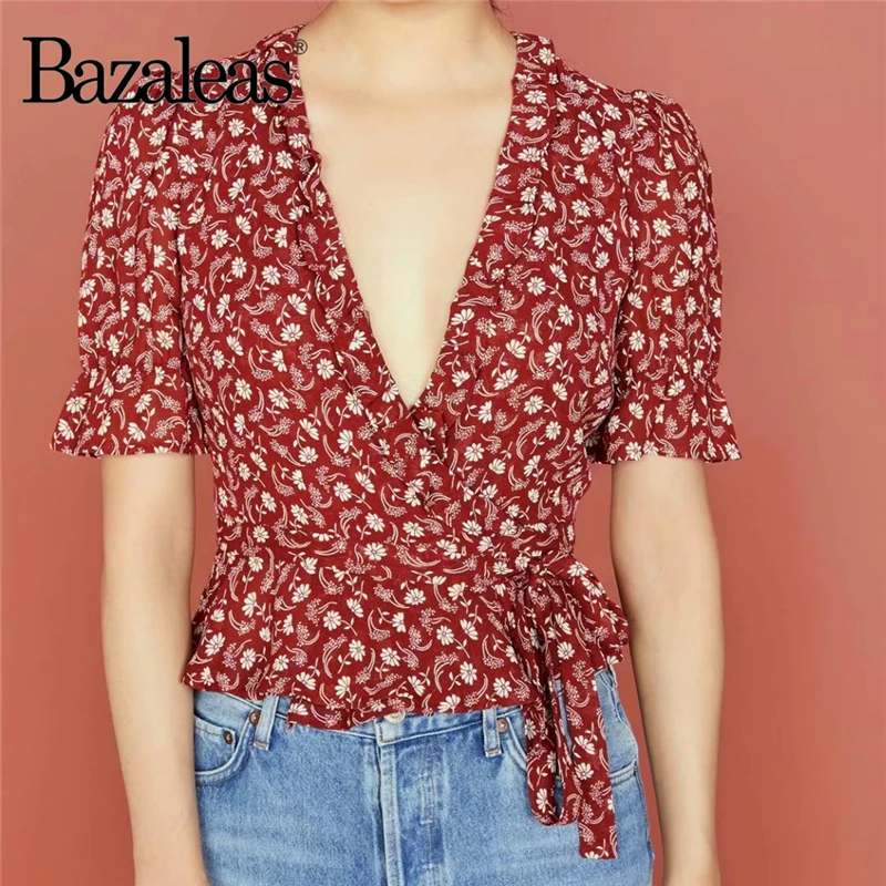Bazaleas винтажная красная блузка с цветочным принтом mujer de moda 2020 женская оборками и v