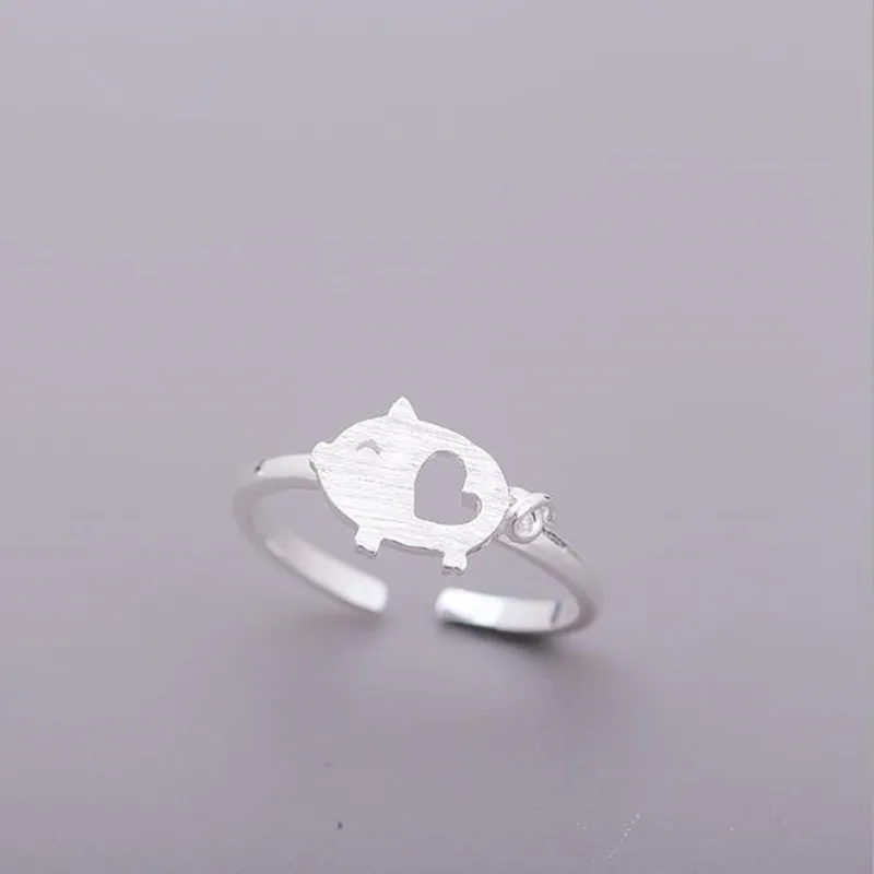 

Fashion Cute Animal Piggy with Hollow Heart Open Rings for Woman Girls Silver Color Birthday Gifts Creative Accessories SR467