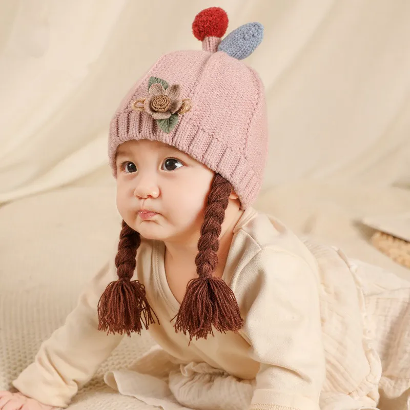 

Autumn and winter cartoon baby cap small pigtail baby knit cap