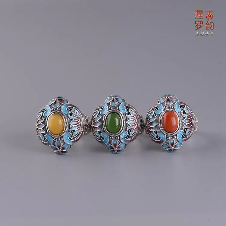 

Retro Original S925 Silver Natural Beeswax Natural Jasper South Red Filigree Enamel Cloisonne Open Ring for Women