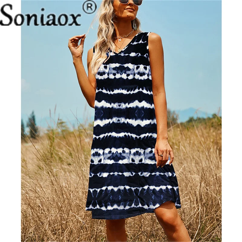 

Vintage Women Tie Dye Flower Print Dresses 2021 New Casual Sleeveless V-Neck Loose Big Swing Dress Female Summer Beach Dress