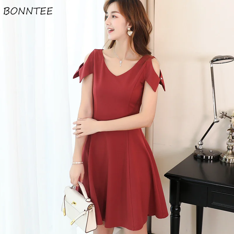 

Dress V-neck Elegant Solid All Match Chic Trendy Empire Womens A-line Daily Breathable High Quality Hot Sale Females Dresses