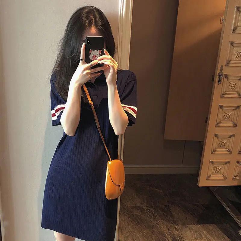 

Korean summer new style retro sweet and thin mid-length polo collar ice silk knit small fragrance dress women