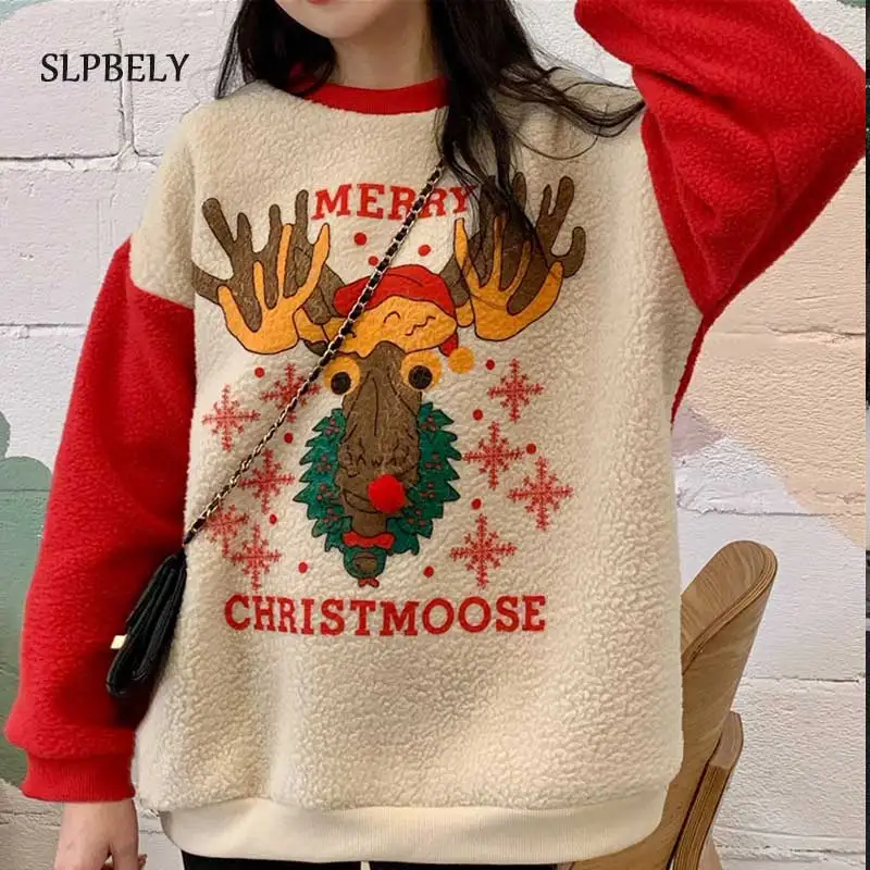 

SLPBELY Christmas Sweater For Women New Year's Long Sleeve Cartoon Pullovers Winter Cute Lambswool Jumpers Sweater Sweater Top