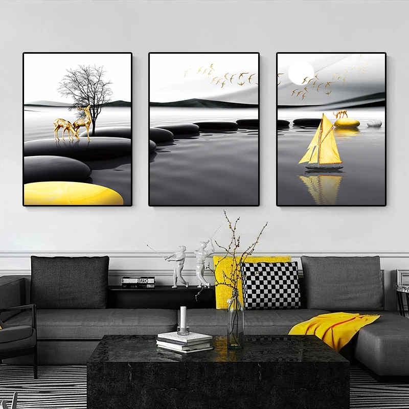 

Black Yellow Stone Boat Deer Wall Art Pictures Modern Landscape Poster Canvas Painting Nordic Print Living Room Home Decoration
