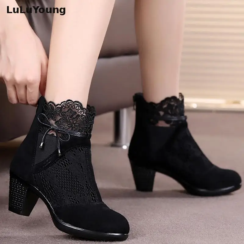 

Genuine leather spring and autumn boots medium hells shoes women's