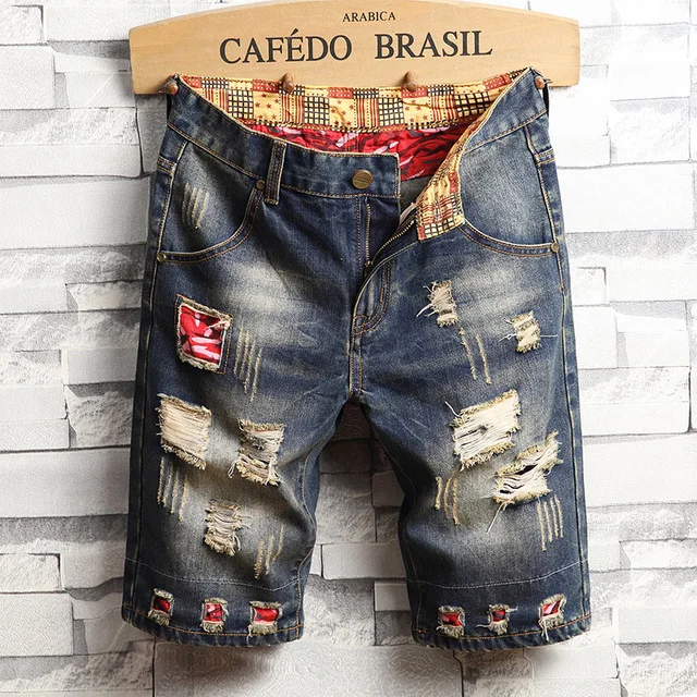 

Men Blue Short Jeans Holes Denim Shorts New Summer High Quality Men Cotton Slim Straight Jean Shorts Knee Length Casual Jeans