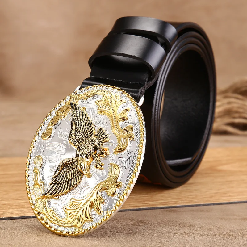 

Fashion Waist Eagle Strap Punk Style Waistband Mens Luxury High Quality Golden Belt Cowboy Genuine Leather Belt