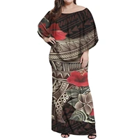 hd 3d print elegant hibiscus pattern lady frill off shoulder dresses polynesian island design female sexy tight dress 1 moq