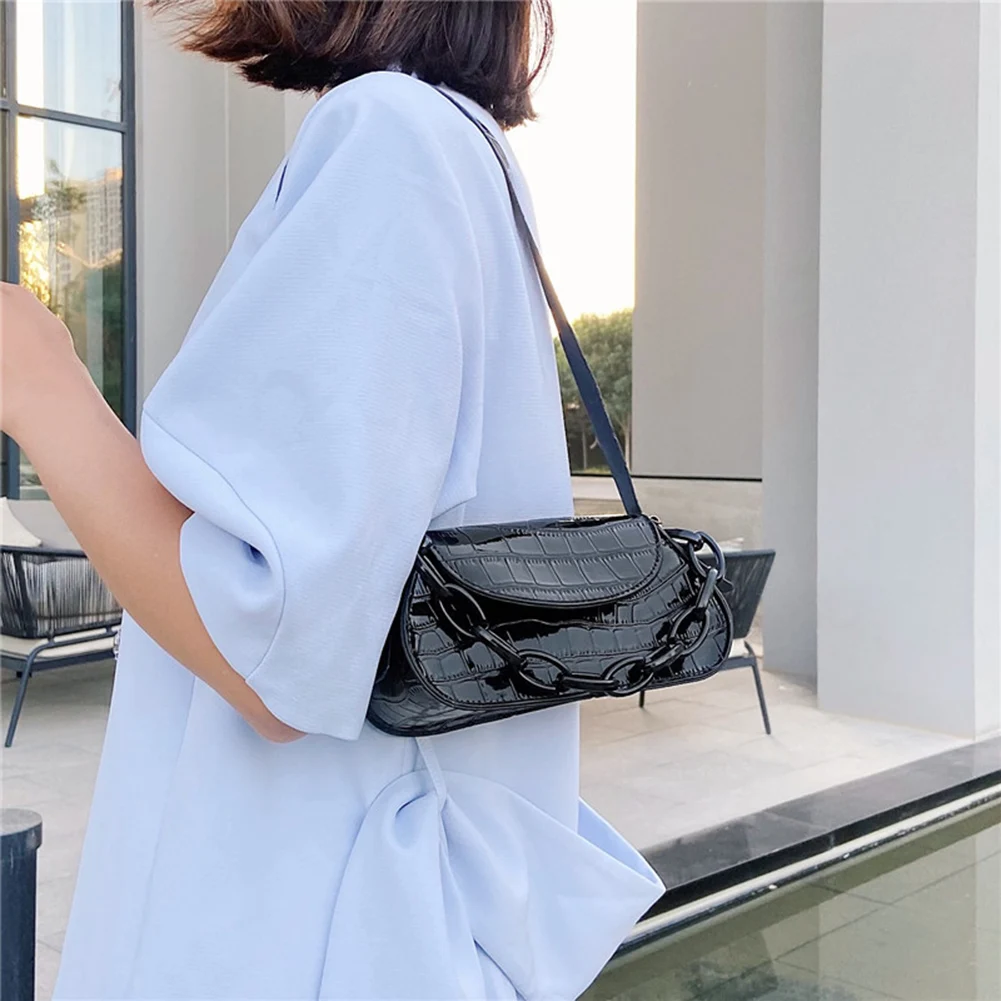 

Vintage Women Bags Stone Pattern PU Leather Chain Solid Color Shoulder Fashion Underarm Lady Flap Rectangular Handbag