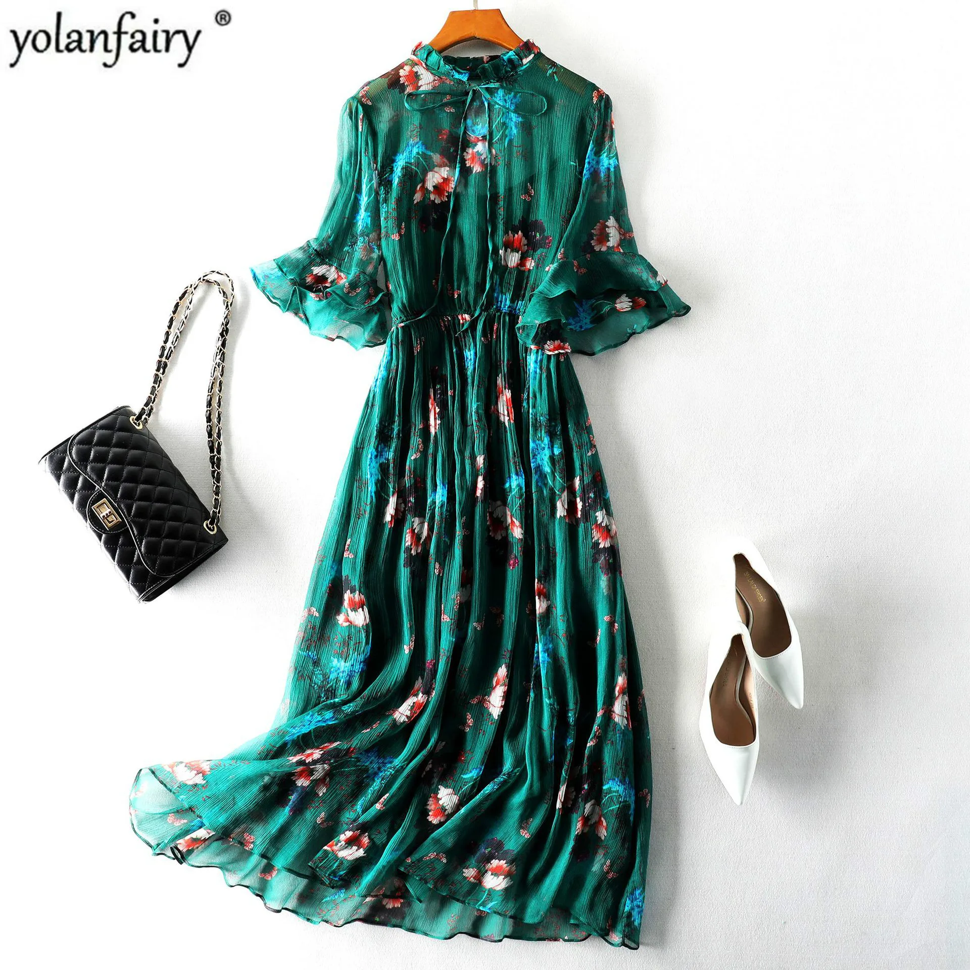 

100% Real Silk Summer Dress Vintage Elegant Floral Dresses Women Green Long Dress Slim Two-Peice Set Vestidos 98006 Pph196