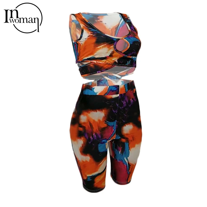 

Inwoman Sexy 2021 Two 2 Piece Women Tracksuit Summer Outifits Ladies Matching Sets Sleeveless Bodycon Crop Top And Shorts Sets