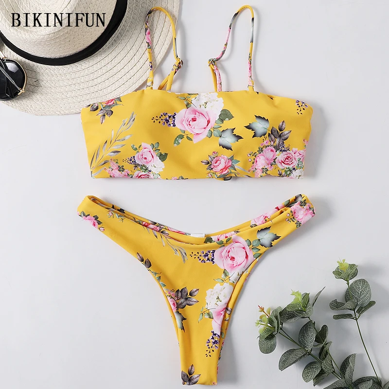 

Женский купальник с цветочным принтом, пляжный комплект бикини с высокой талией и открытой спиной, 2020