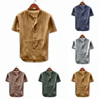 Рубашка мужская с коротким рукавом, Повседневная блузка из льна и хлопка, на пуговицах, Однотонная футболка для отдыха, лето 2021