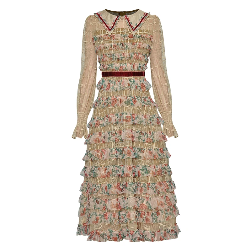 

long dress for wedding party for woman maxi new fall 2020 Luxury Designer long sleeve ruffled printed stitching princess dress