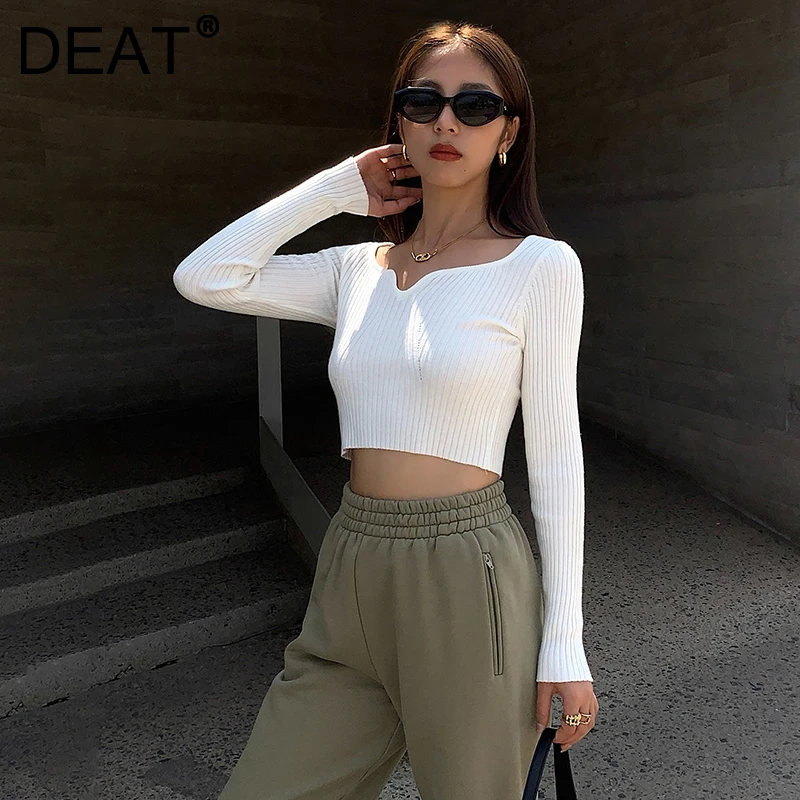 

Женская тонкая трикотажная футболка DEAT, однотонная Облегающая рубашка с длинным рукавом и V-образным вырезом, футболка с высокой талией, 7Z455,...