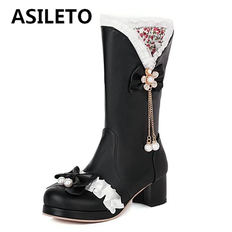

Сапоги ASILETO В Стиле Лолита, до середины икры, квадратный носок, на низком блочном каблуке, с застежкой-молнией и бантом, большой размер 30-48, ро...