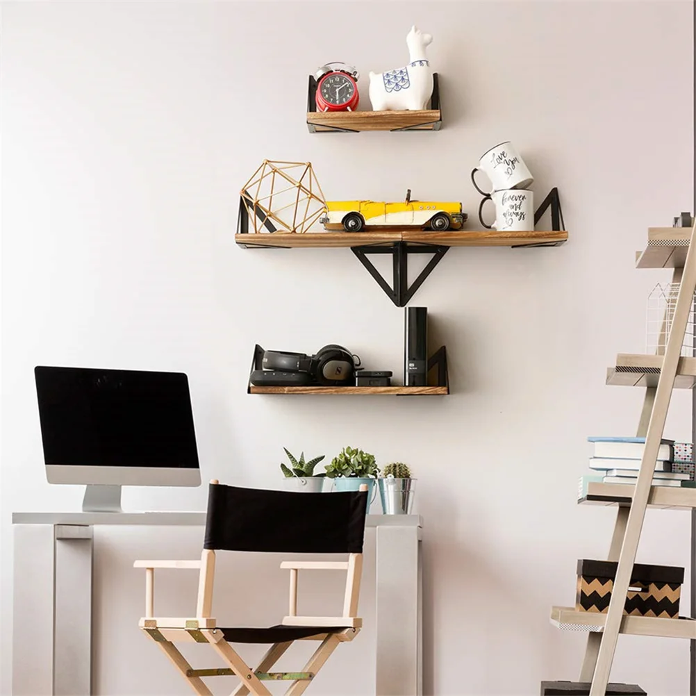

3Pcs Creative Bathroom Shelving Wood Storage Rack Hooks Triangle Iron Art Board Wall Shelf（Wood Color）